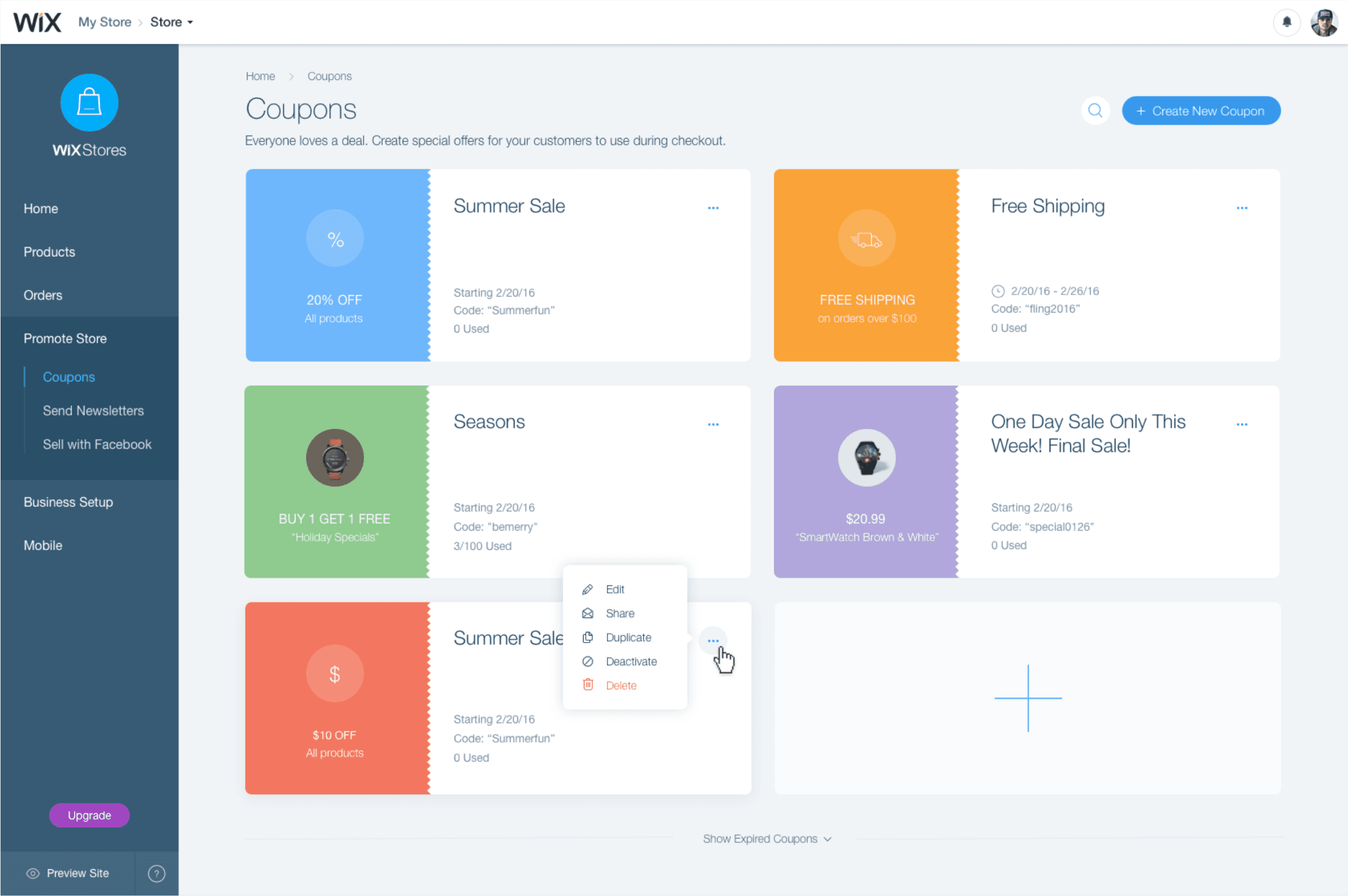 Wix Coupons Dashboard Design